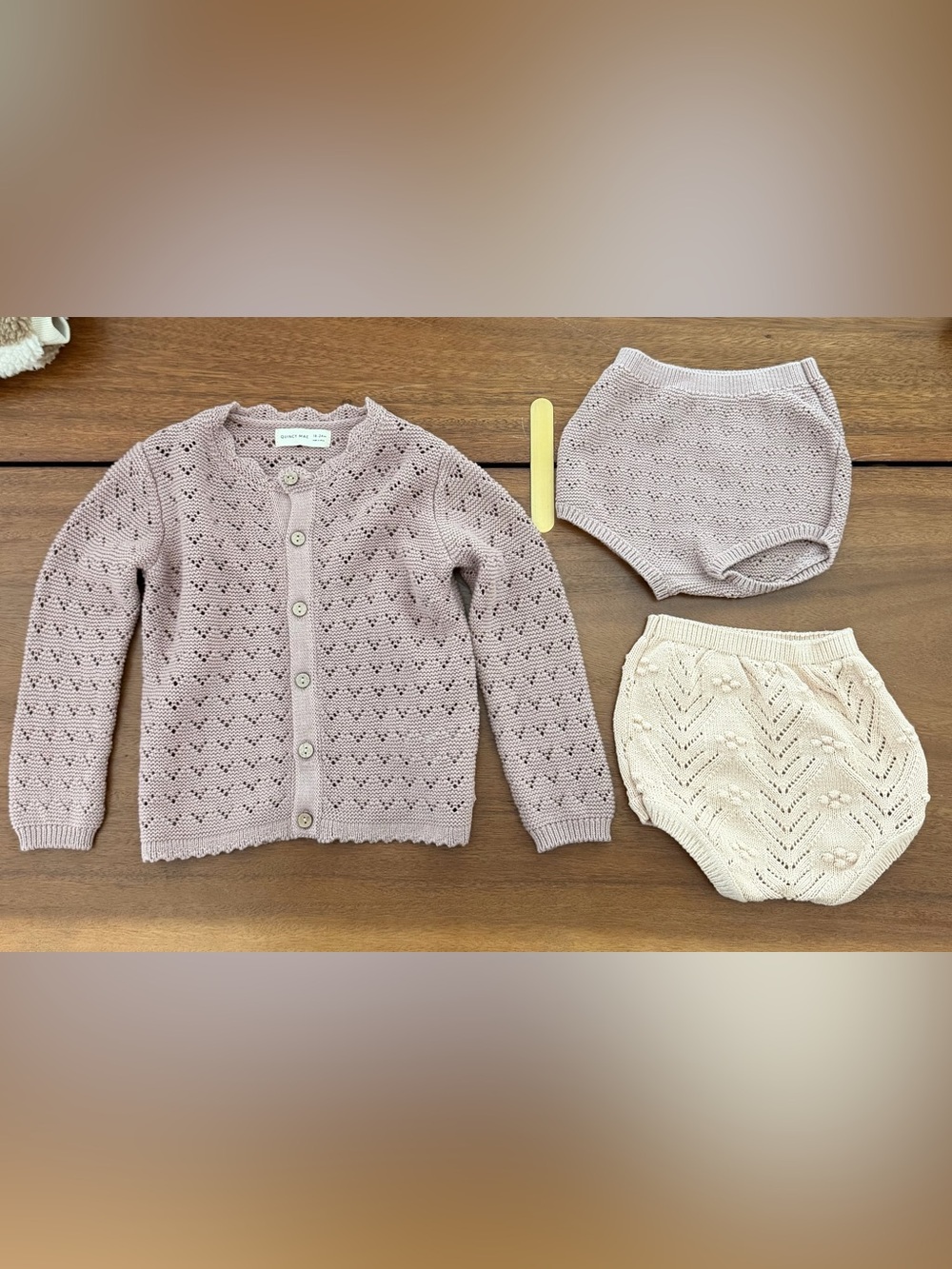 Quincy Mae Blush Knit Baby Cardigan Set with Cream Buttons